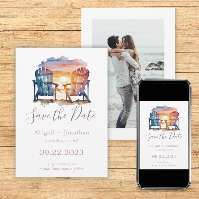 Ocean Sunset Photo Beach Chairs Wedding Save The Date (Creator Uploaded)