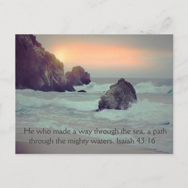 Ocean Sunset Rocky Seashore Christian Bible Verse Postcard (Front)