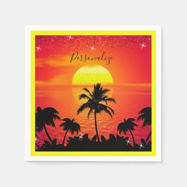 Ocean Sunset Tropical Beach Palm Trees Personalise Napkin (Front)