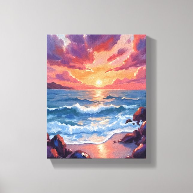 Ocean Sunset Watercolor Beach Coastal Canvas Print (Front)