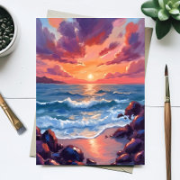 Ocean Sunset Watercolor Beach Coastal