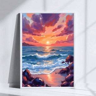 Ocean Sunset Watercolor Beach Coastal Poster
