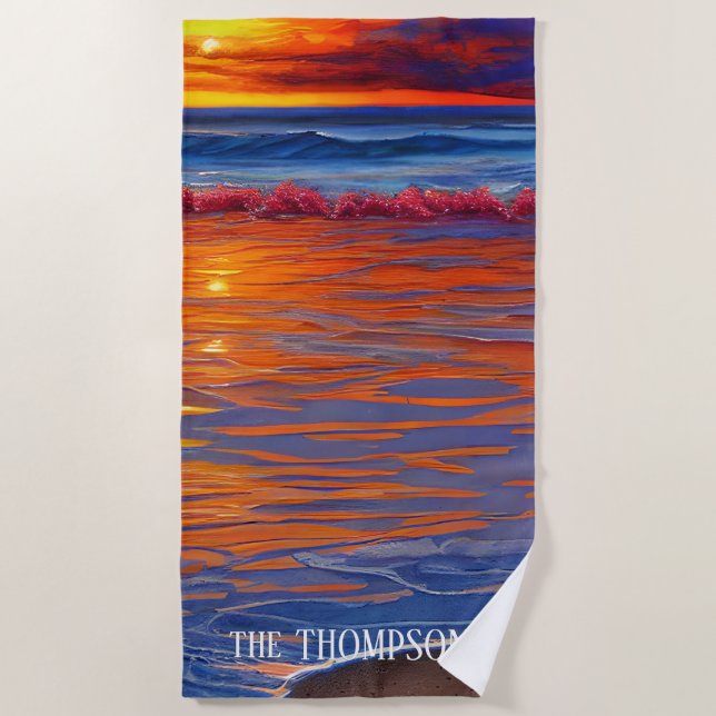 Ocean Sunset with Personalised Name Beach Towel (Front)