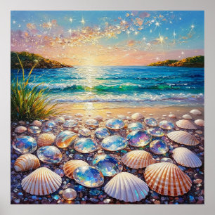 Ocean Sunset with Seashells and Jewels Reflecting Poster