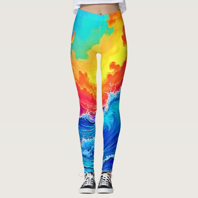 Ocean Surge: Radiant Sunset Wave Leggings (Front)