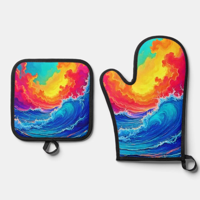 Ocean Surge: Radiant Sunset Wave Oven Mitt & Pot Holder Set (Front)