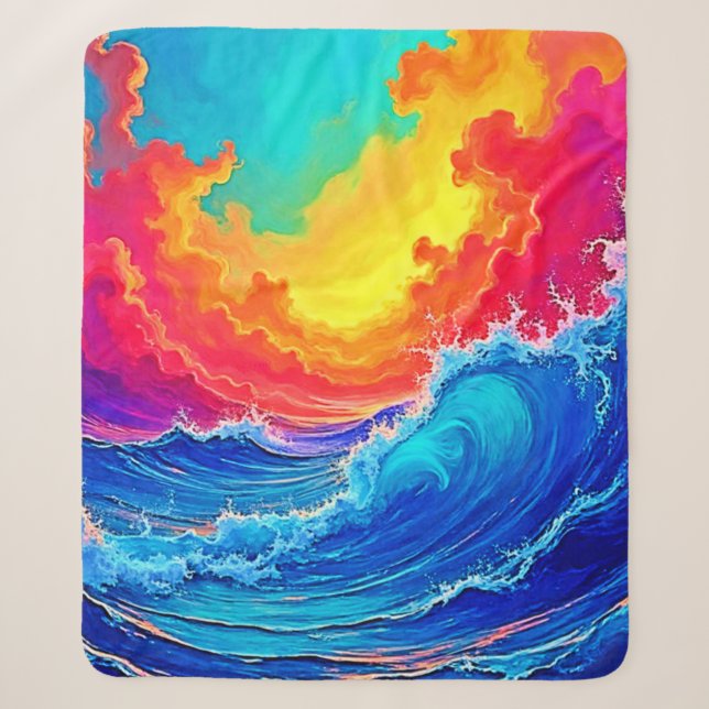 Ocean Surge: Radiant Sunset Wave Sherpa Blanket (Front)