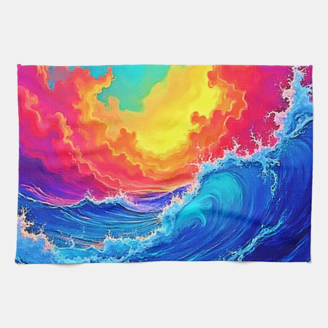 Ocean Surge: Radiant Sunset Wave Tea Towel (Horizontal)