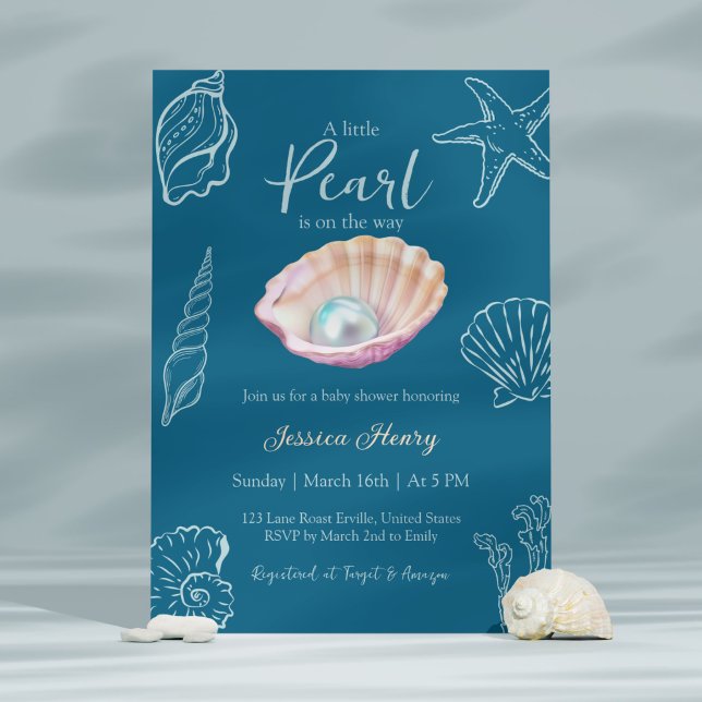 Ocean Teal Little Pearl On the Way Baby Shower Invitation (Creator Uploaded)