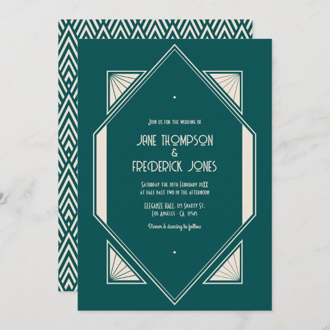 Ocean Teal & Pale Sand Art Deco Wedding Photo Invitation (Front/Back)