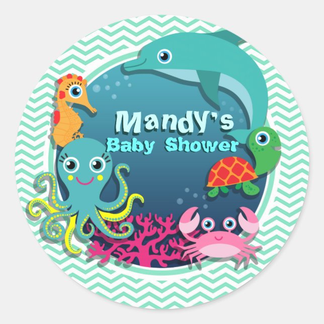 Ocean Theme Baby Shower; Aqua Green Chevron Classic Round Sticker (Front)