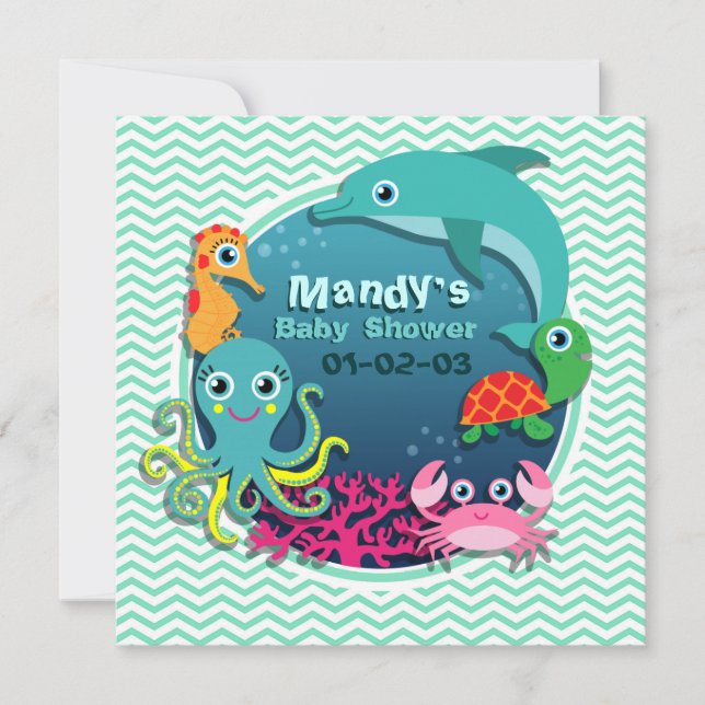 Ocean Theme Baby Shower; Aqua Green Chevron Invitation (Front)
