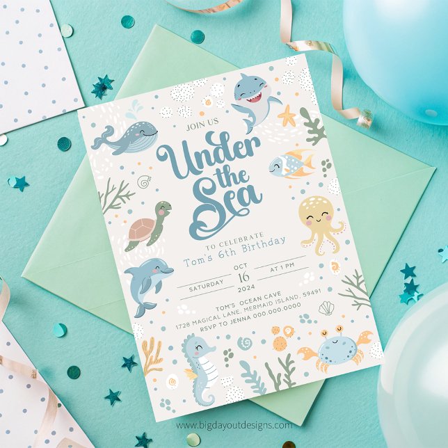 Ocean Themed 6th Birthday Invitation. Kids Ocean I Invitation (Ocean Themed 6th Birthday Invitation. Kids Ocean Party Invite. Editable Template. Boys Under The Sea)