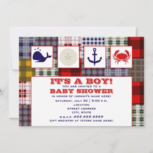 Ocean Themed Baby Shower Invitation - Plaid (Front)