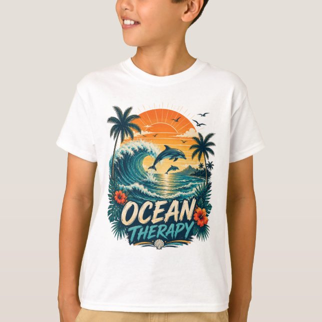 Ocean Therapy | Retro Tropical Beach & Dolphin T-Shirt (Front)