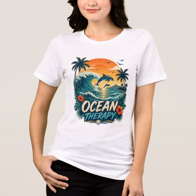 Ocean Therapy | Retro Tropical Beach & Dolphin Tri-Blend Shirt (Front)