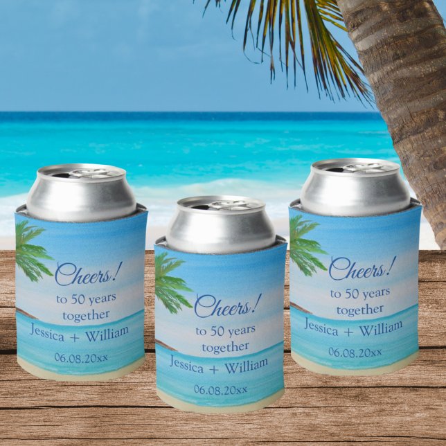 Ocean Tropical Golden 50th Wedding Anniversary  Can Cooler (Creator Uploaded)