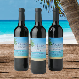 Ocean Tropical Golden 50th Wedding Anniversary Wine Label