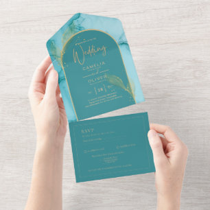 Ocean Turquoise Teal Gold Wedding All In One Invitation