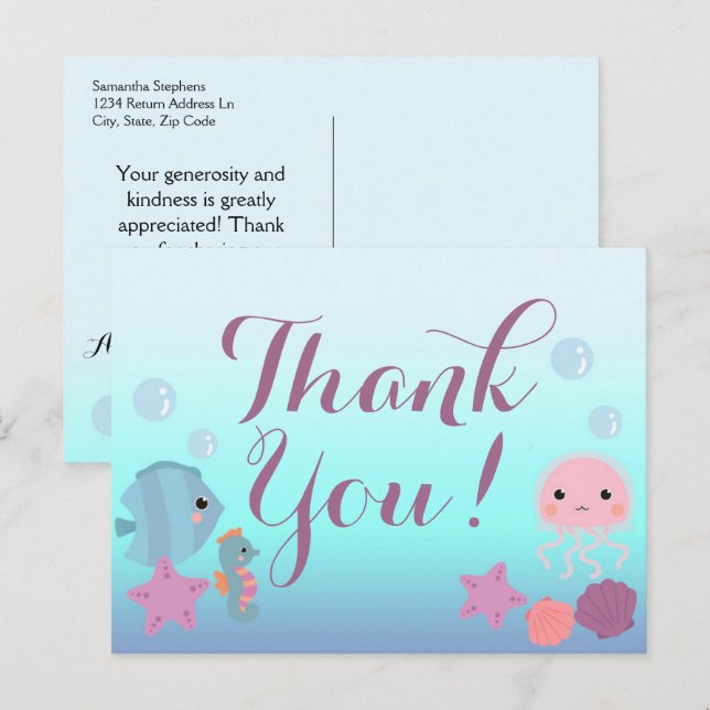 Ocean Under the Sea Animal Baby Shower Thank You Postcard (Front/Back)