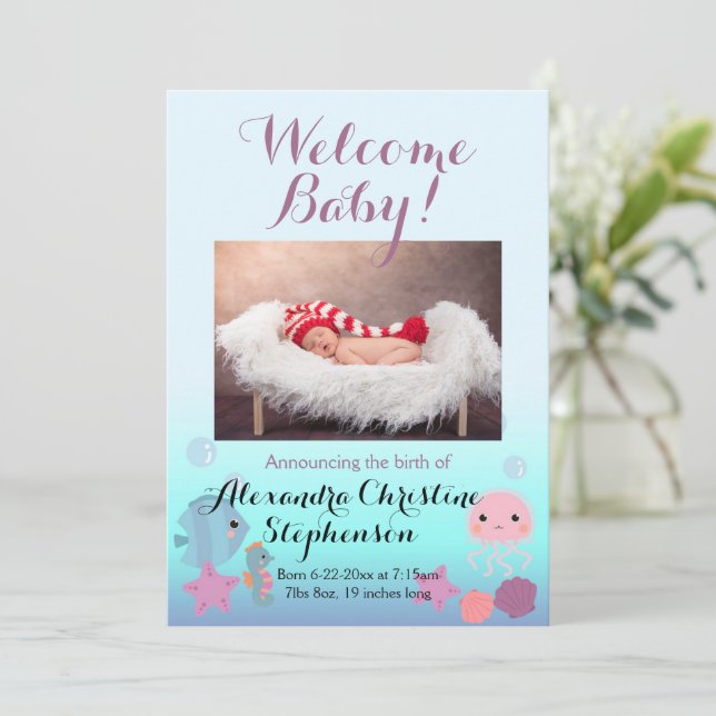 Ocean Under the Sea Beach Girl Birth Announcement (Standing Front)