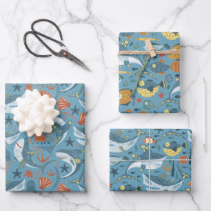 Ocean Under The Sea Birthday Shark Theme Pattern Wrapping Paper Sheet
