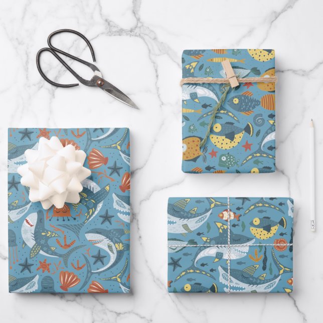 Ocean Under The Sea Birthday Shark Theme Pattern Wrapping Paper Sheet (Front)