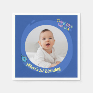 Ocean Under the Sea Blue 1st Birthday Photo Napkin