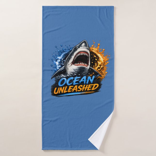 Ocean Unleashed Shark – Bold Blue & Orange Splash  Bath Towel (Bath Towel)