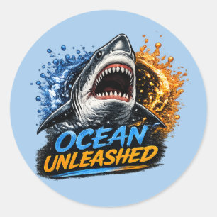 Ocean Unleashed Shark – Bold Blue & Orange Splash  Classic Round Sticker