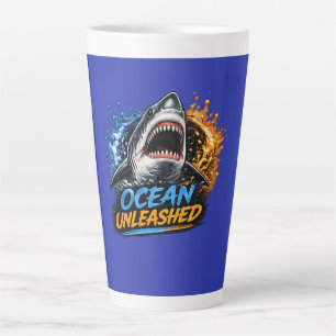 Ocean Unleashed Shark – Bold Blue & Orange Splash  Latte Mug
