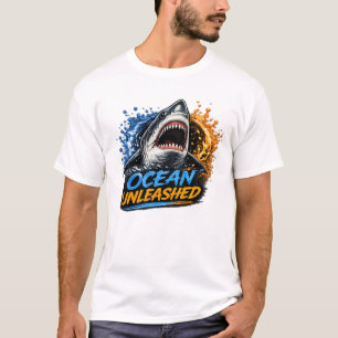 Ocean Unleashed Shark – Bold Blue & Orange Splash T-Shirt