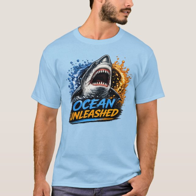 Ocean Unleashed Shark – Bold Blue & Orange Splash  T-Shirt (Front)