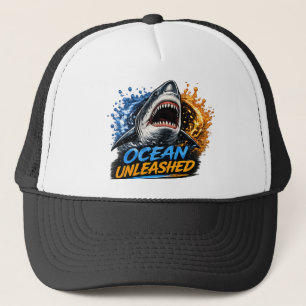 Ocean Unleashed Shark – Bold Blue & Orange Splash Trucker Hat