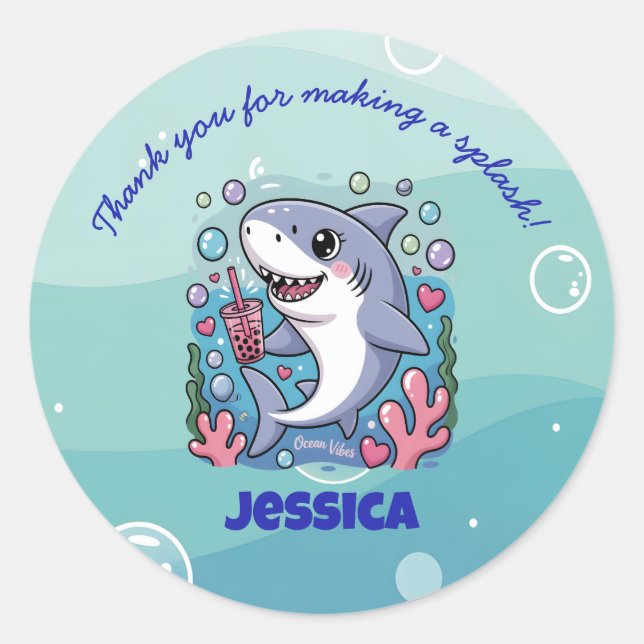 Ocean Vibes Cute kawaii Boba Shark Baby Classic Round Sticker (Front)
