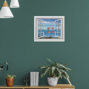 Ocean View Fake Window With Flamingos On Beach Poster