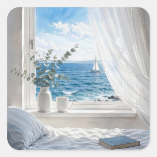 Ocean View in a Bedroom Window Square Sticker