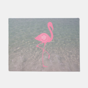 Ocean Water Monogram Pink Flamingo Doormat