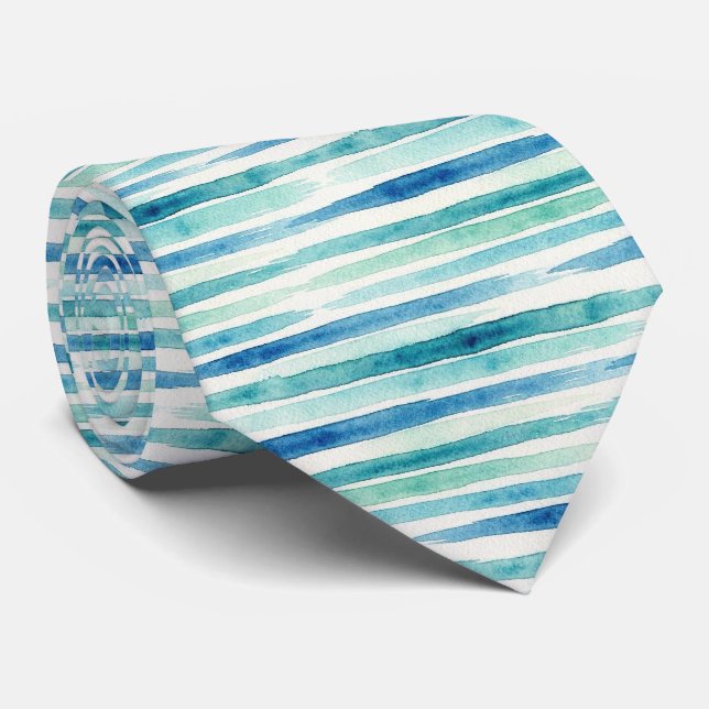 Ocean Watercolor Abstract Blue Stripes Tie (Rolled)