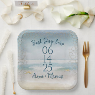 Ocean Watercolor and Starfish Wedding Paper Plate