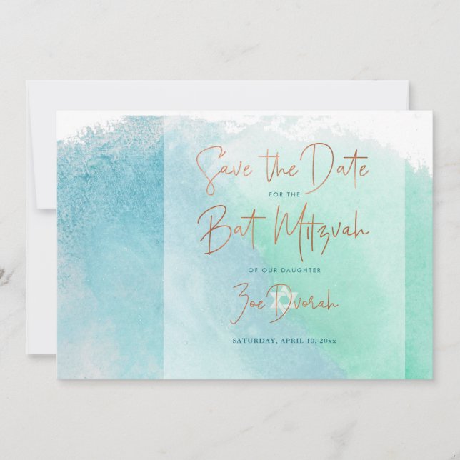 Ocean Watercolor Beach Bat Mitzvah Save the Date Invitation (Front)