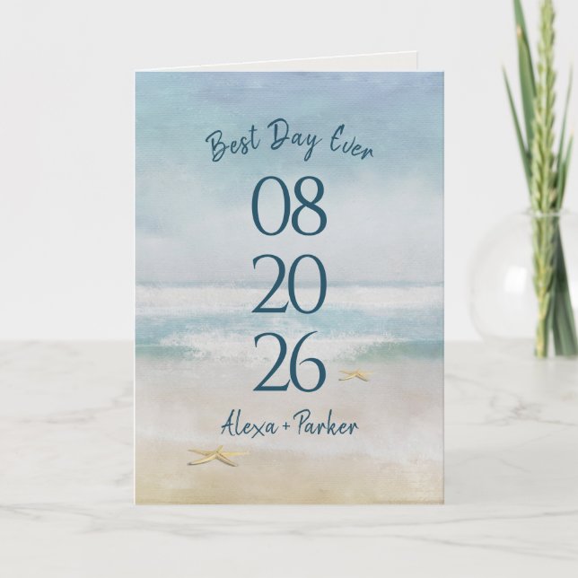 Ocean Watercolor Beach Wedding Date Card (Front)
