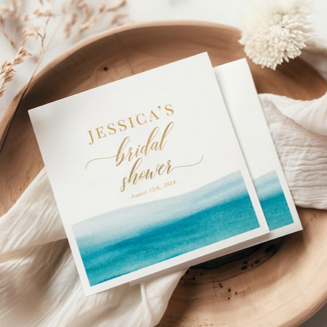 Ocean Watercolor Gold Script Beach Bridal Shower Napkin (Creator Uploaded)