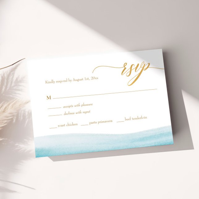 Ocean Watercolor Gold Script Beach Wedding RSVP Card (Creator Uploaded)