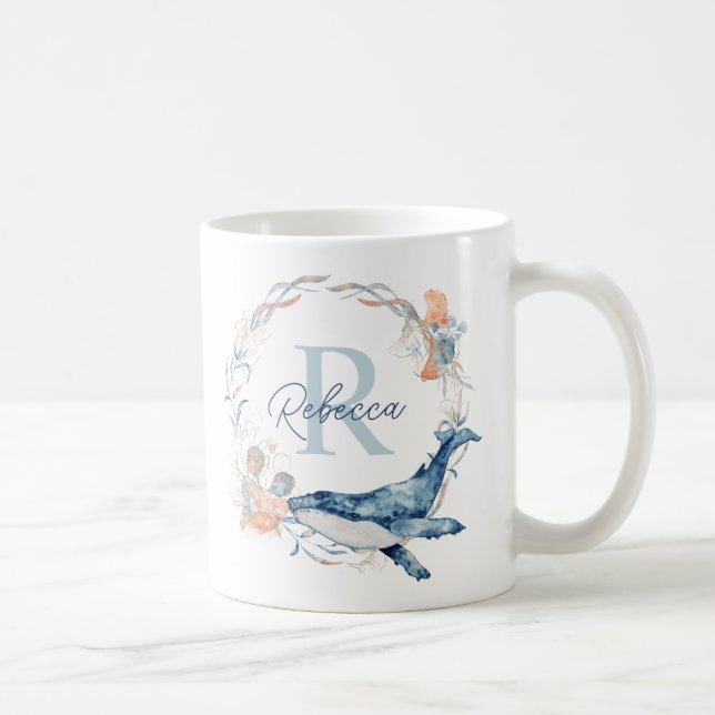 Ocean Watercolor Personalised Monogram Wreath Coffee Mug (Right)