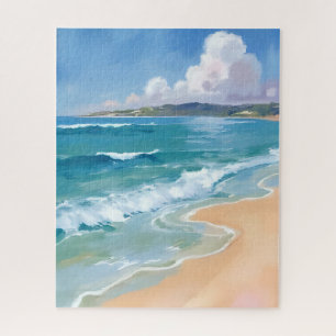 Ocean Watercolor Waves Blue Sea Coastal Painting Jigsaw Puzzle