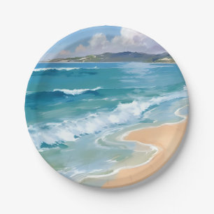 Ocean Watercolor Waves Blue Sea Coastal Painting Paper Plate