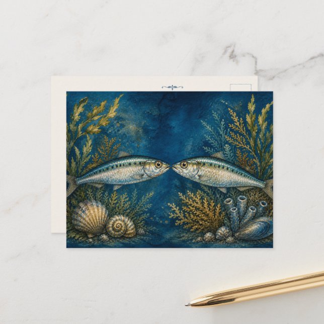 Ocean Watercolour Inspired Post Card -Two Sardines (Front/Back In Situ)