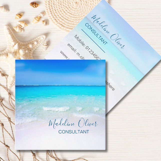 Ocean Wave Beach Blue Scene Modern Monogram Square Business Card (Creator Uploaded)