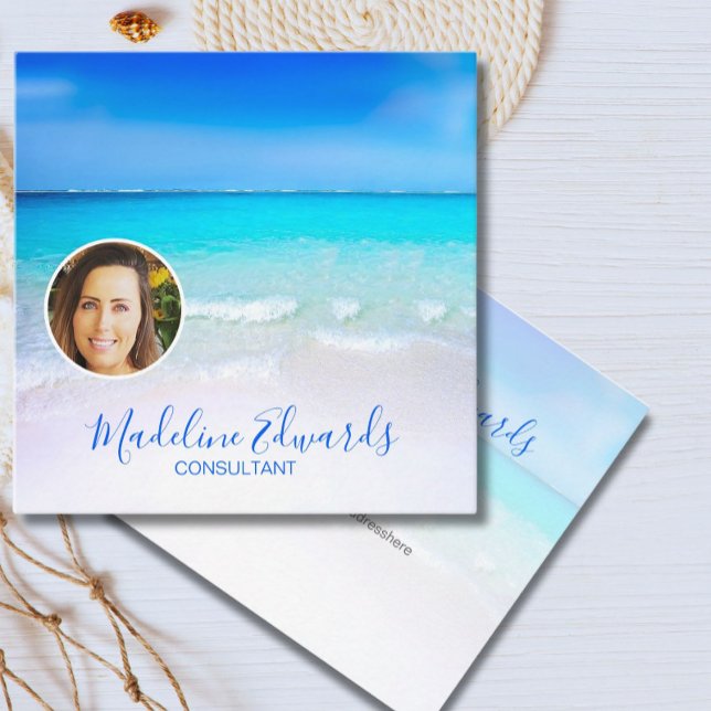 Ocean Wave Beach Blue Scene Modern Photo  Square Business Card (Creator Uploaded)